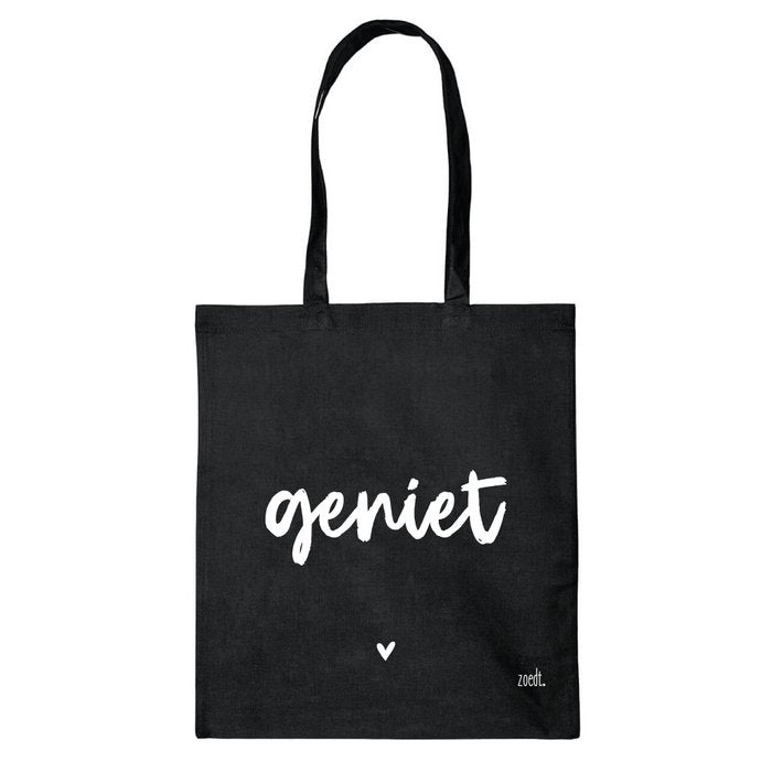 Zwarte katoenen tas met tekst 'Geniet'